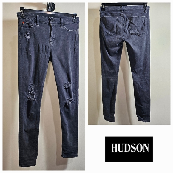 Hudson Jeans Nico Midrise Super Skinny Black Acid Wash Distressed Jeans 29/8 - Picture 1 of 10